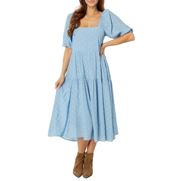 NWT MOON RIVER Clip Dot Cut-out Tie Closure Back Tiered Midi Dress - Picture 1 of 6